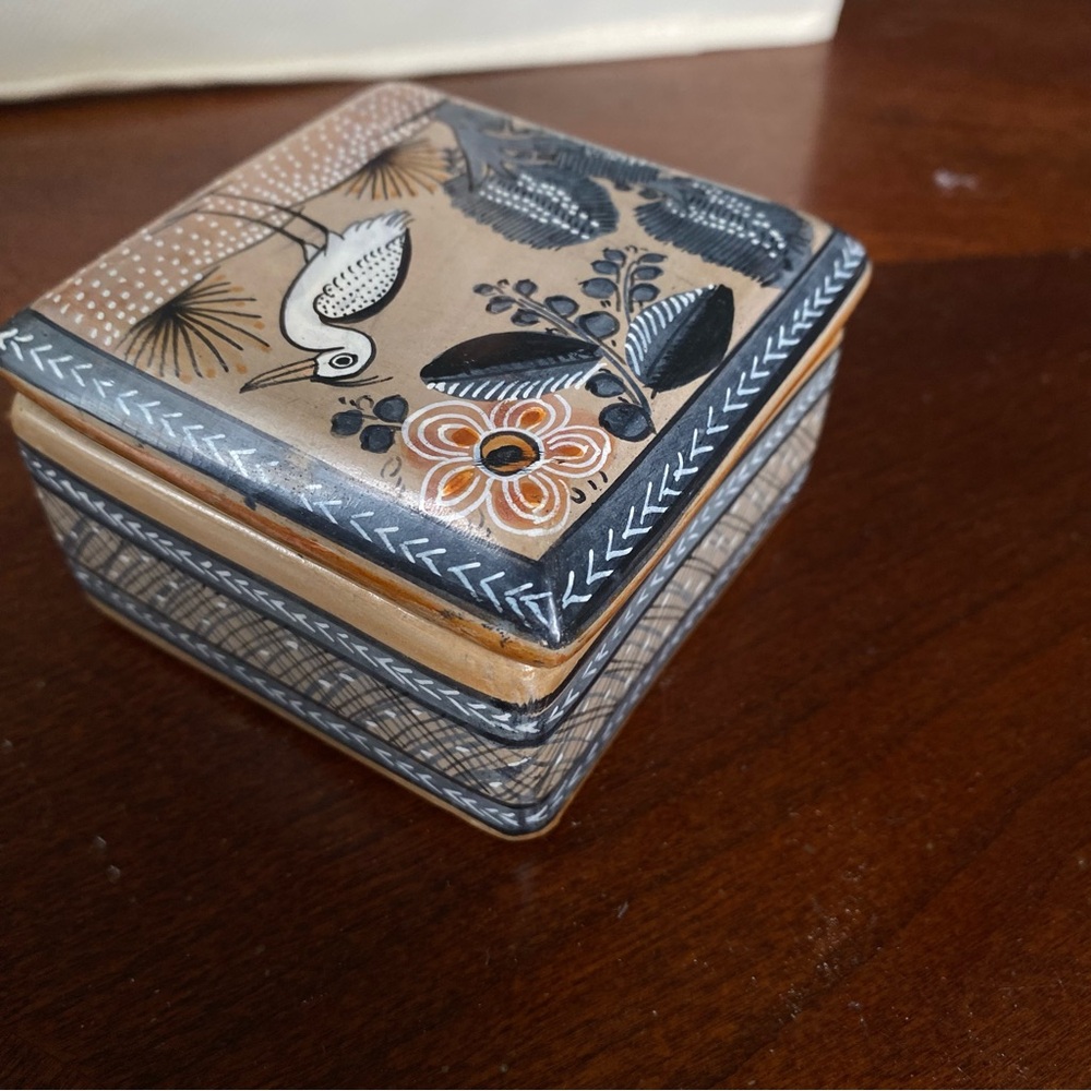 Artistic Tan and Black Ceramic Box with Bird Design
